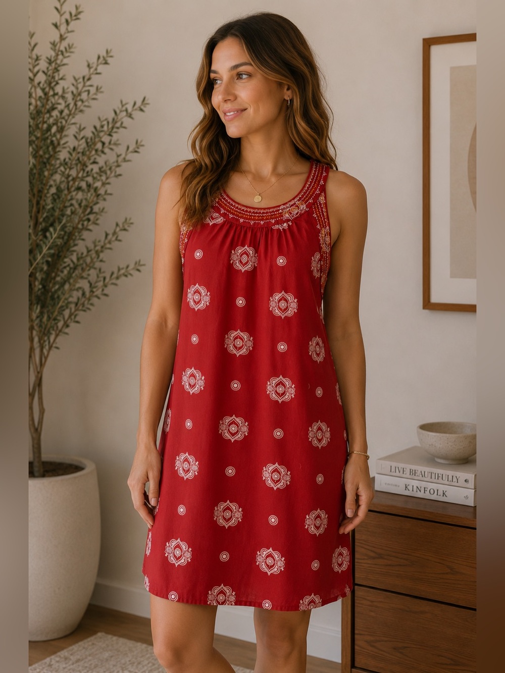 Twik Red Embroidered Boho Sleeveless Shift Dress Summer Size XS Festival